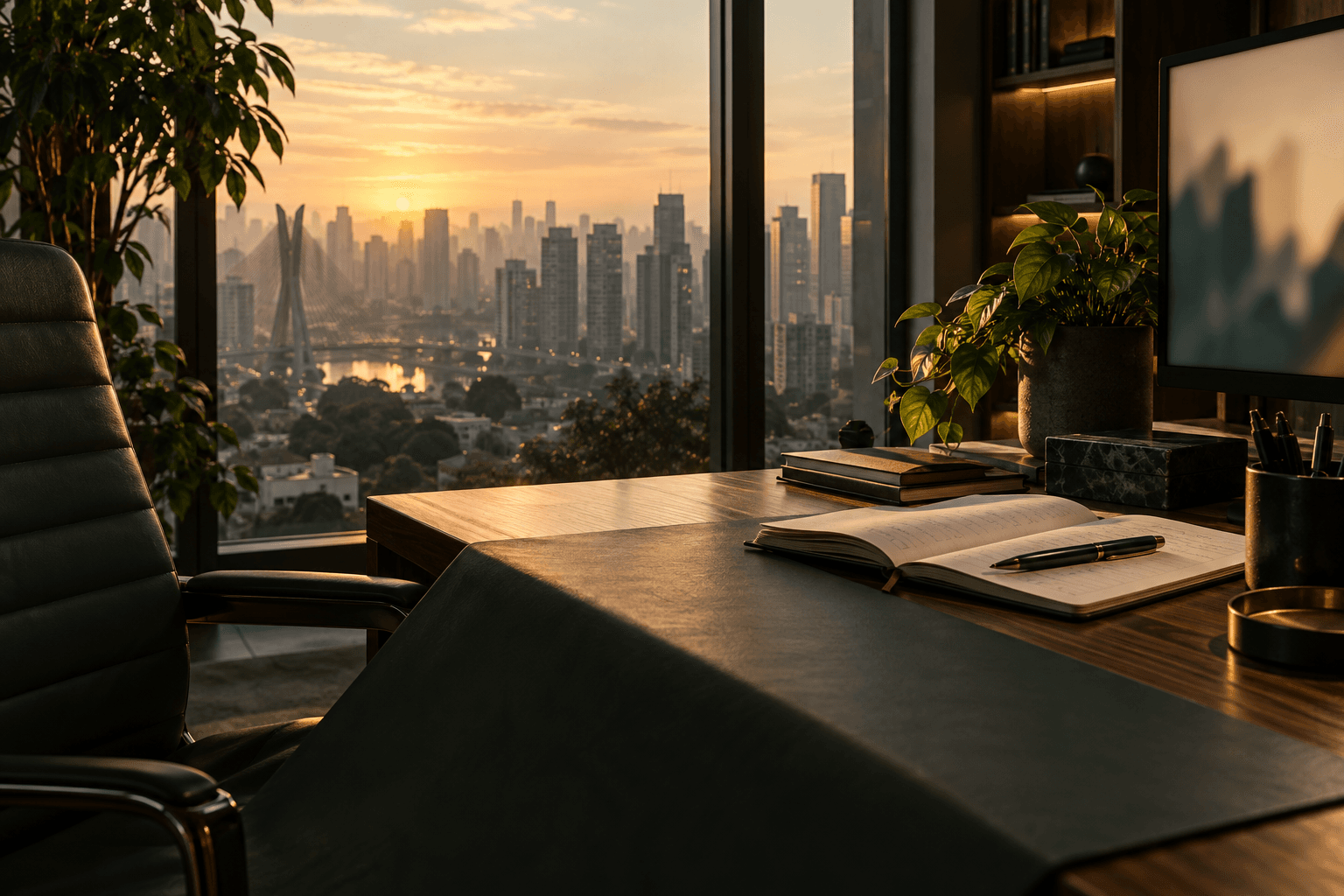 Mesa de estudos diante da cidade ao entardecer